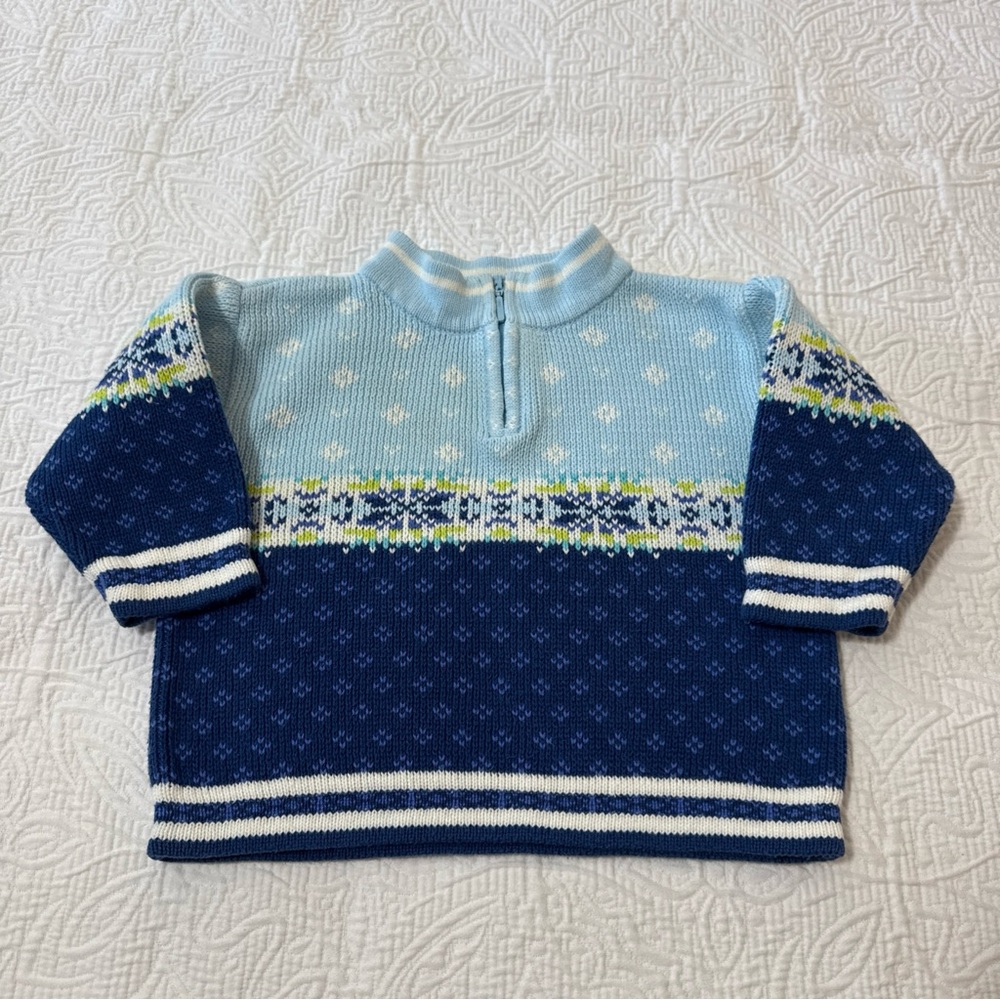 Hanna Andersson Size‎ 1.5-2 Years Blue Nordic Snowflake Holiday 1/4 Zip Sweater